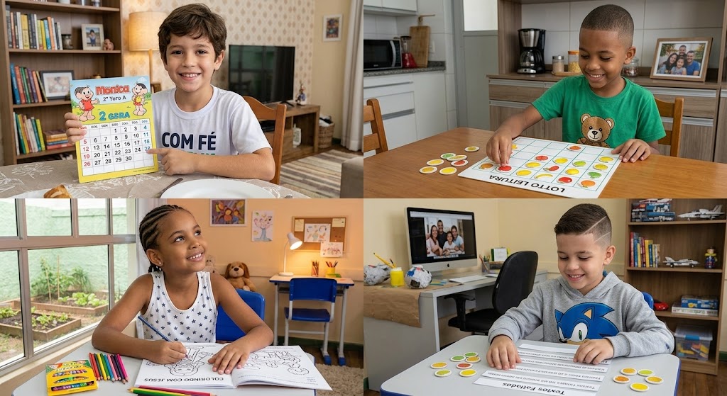 Crianças felizes brincando com os jogos imprimíveis do Projeto Criança Feliz